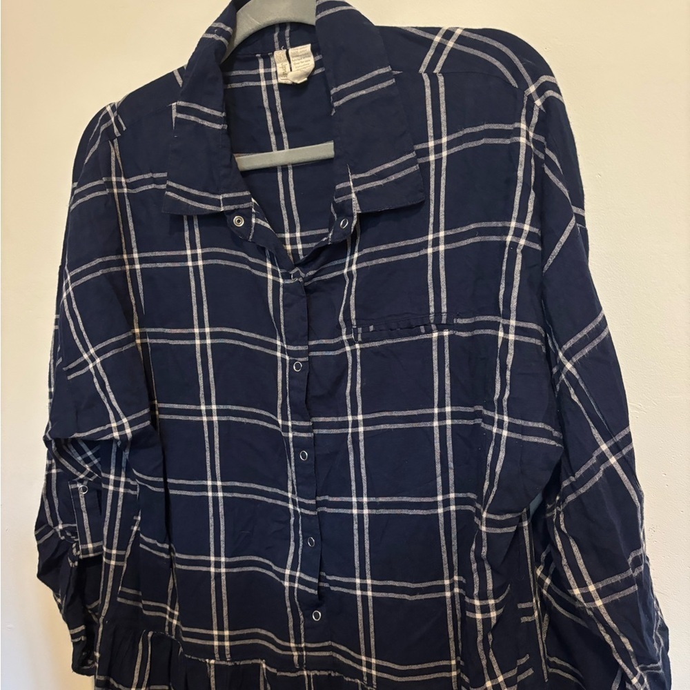 🔸 Navy Blue Plaid Cotton Shirt Dress - Picture 4 of 4